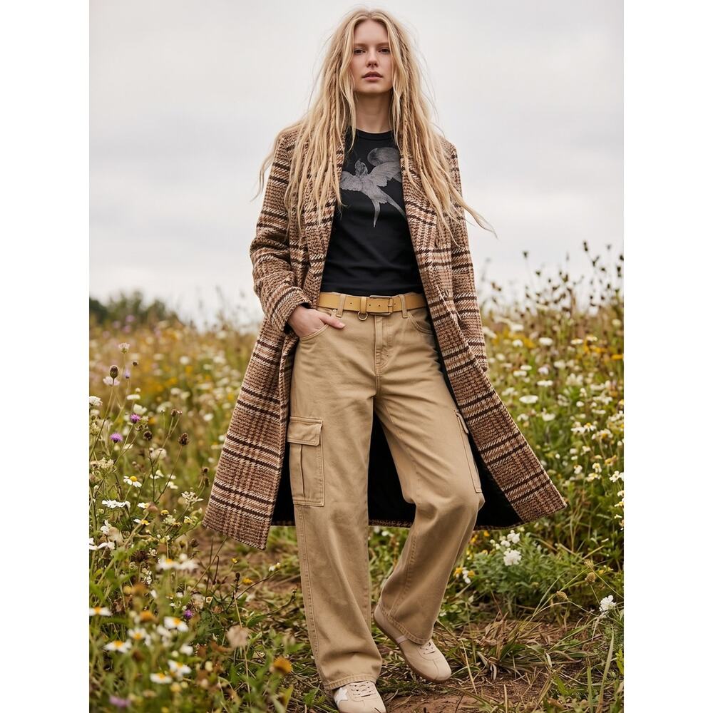 Free People Grunge Preppy Adore You Plaid Longline Wool Coat Brown Small